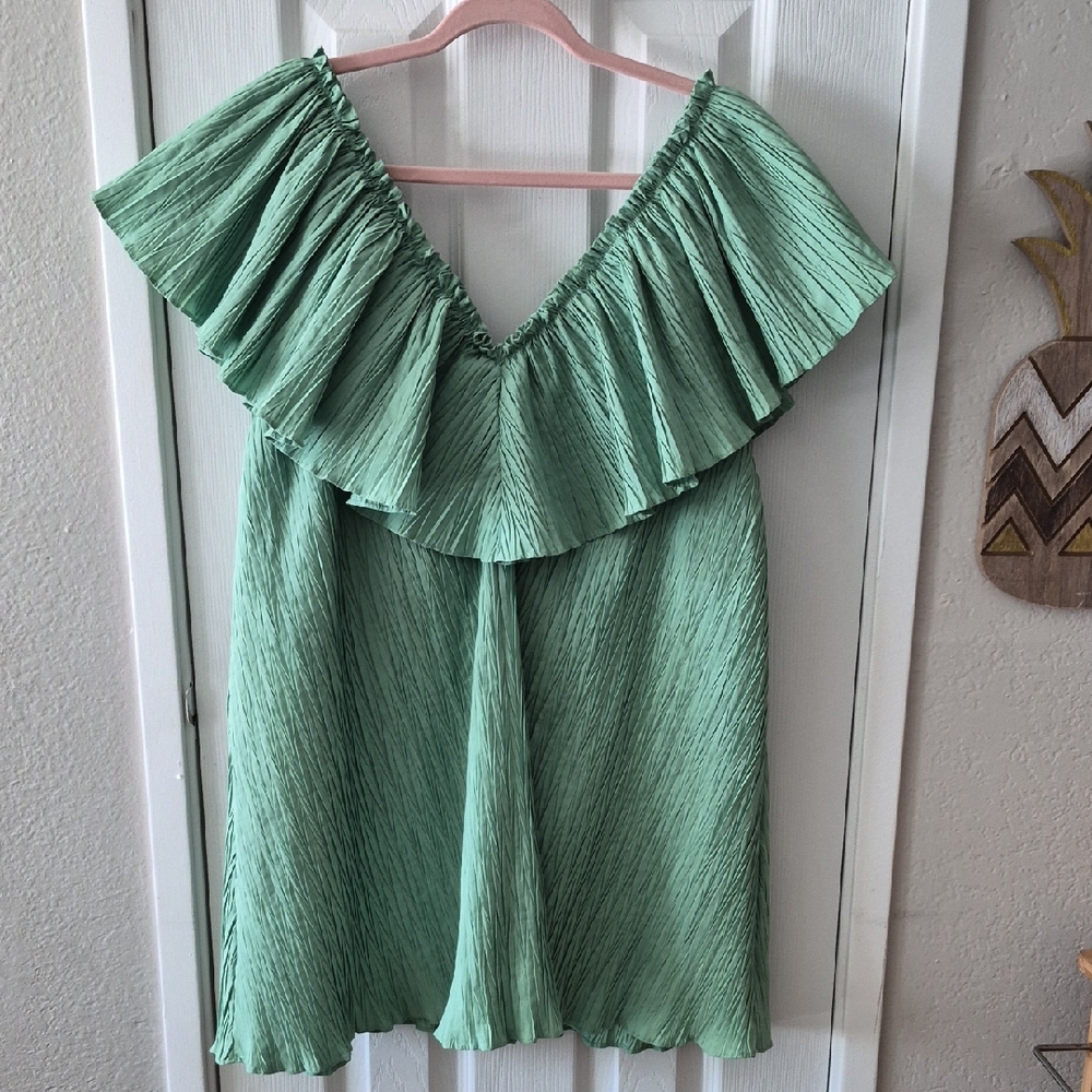 Zara Sage Green Ruffled Off-Shoulder Dress